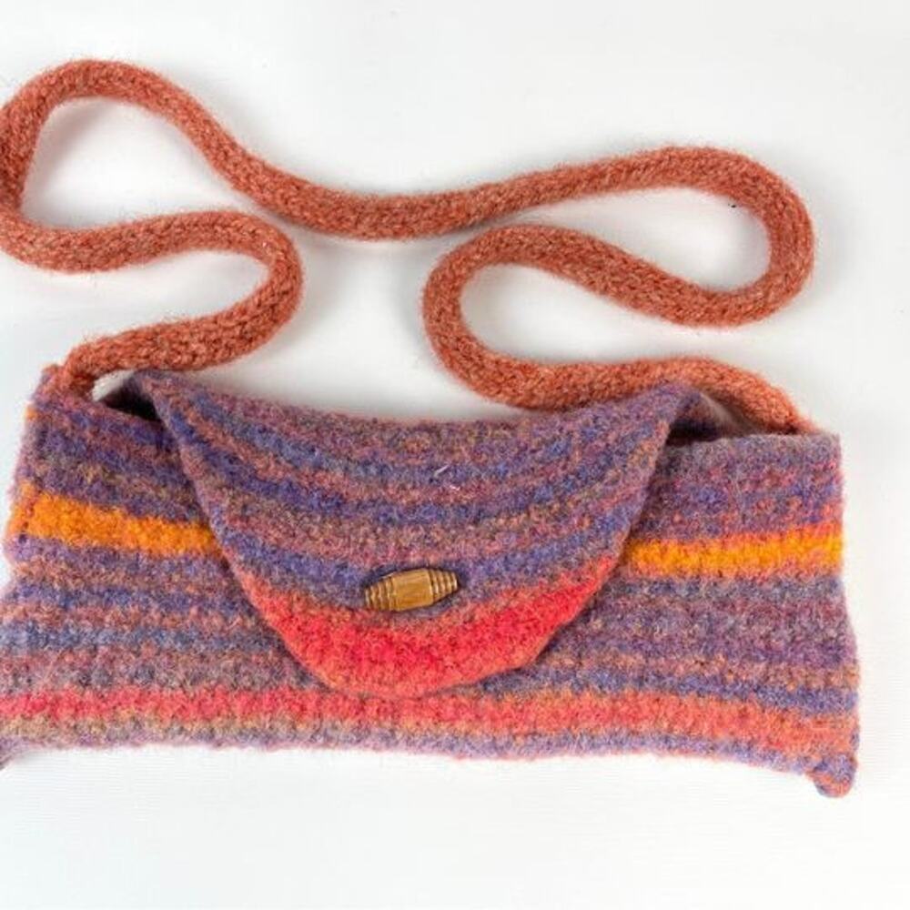 Wool Shoulder Bag Button Clasp Purple Orange Red